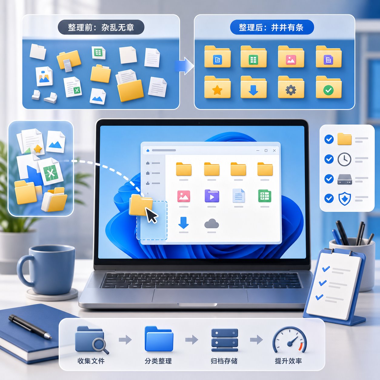 办公桌面文件整理与分类命名示意图