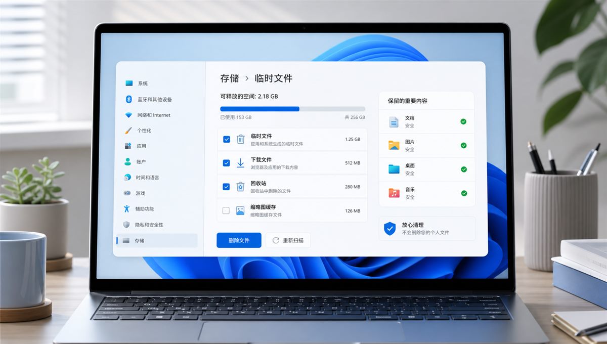 Windows 11 临时文件清理与保留常用数据的操作示意图