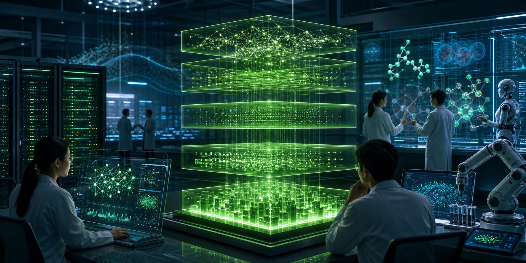 NVIDIA 开放模型驱动 AI 研究的科技要闻配图，展示 GPU 集群、开放模型结构、机器人仿真与生物分子研究场景