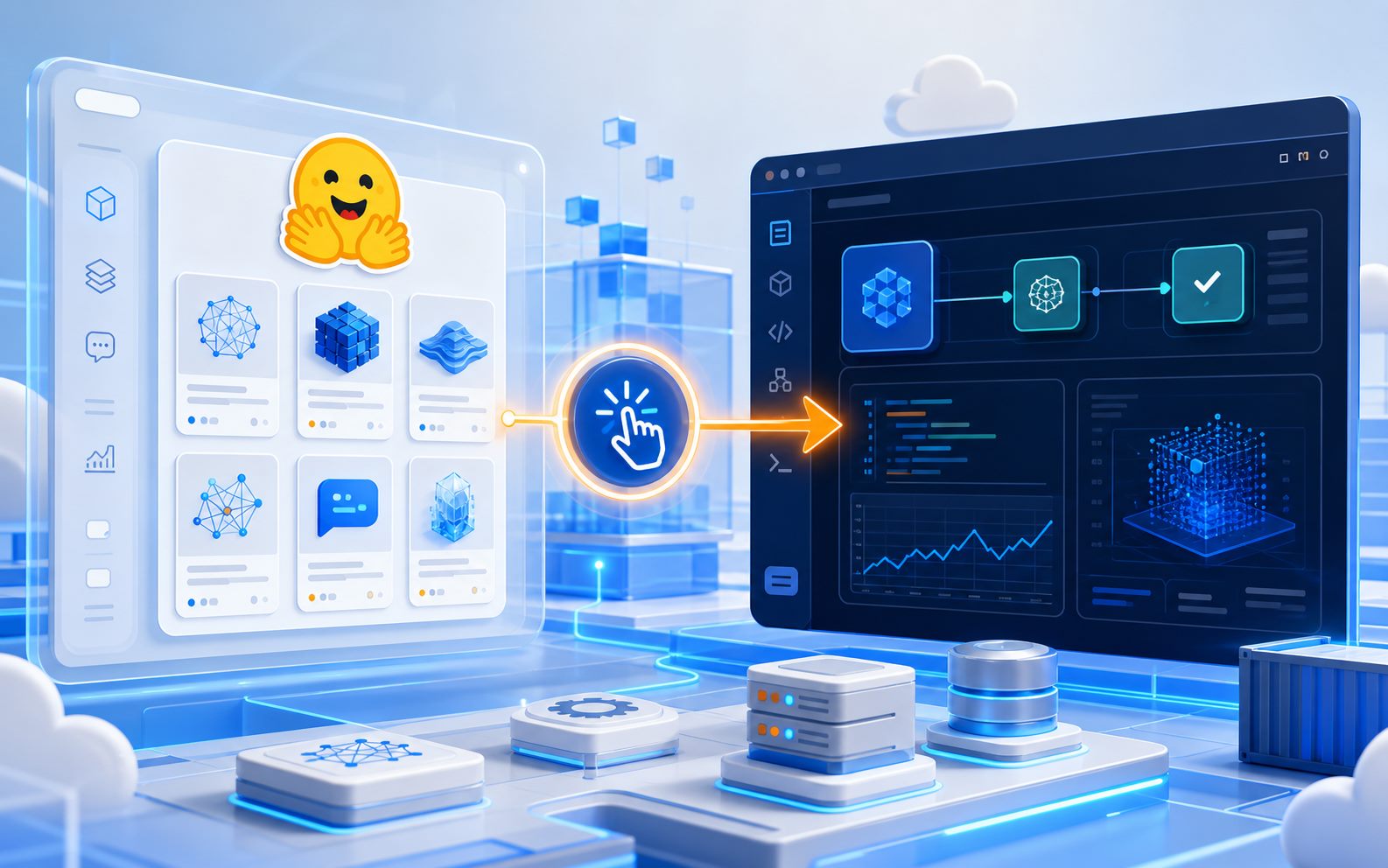 Hugging Face 模型页与 Amazon SageMaker Studio 一键联动的科技要闻配图，展示云端 AI 工作台、模型卡片与部署流程界面