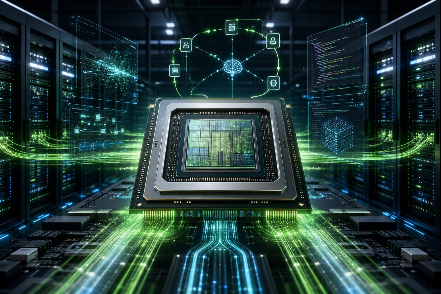 NVIDIA Vera CPU 科技要闻配图，展示数据中心处理器、AI Agent 工作流、代码沙箱与高带宽服务器机架场景
