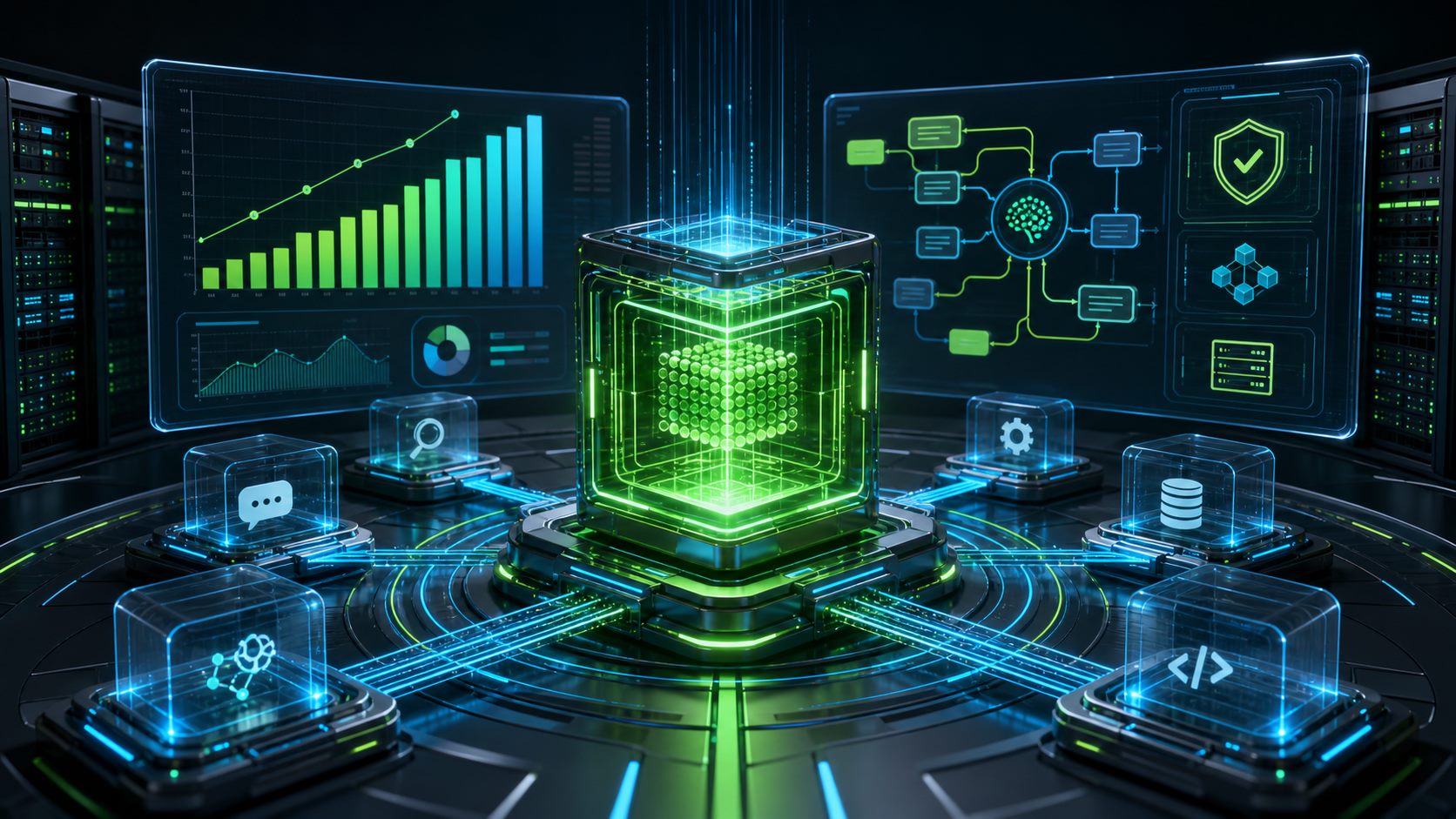 NVIDIA Nemotron 3 Ultra 与 LangChain Deep Agents 科技要闻配图，展示企业 AI 代理调度、推理加速、开源运行栈与数据中心服务器场景