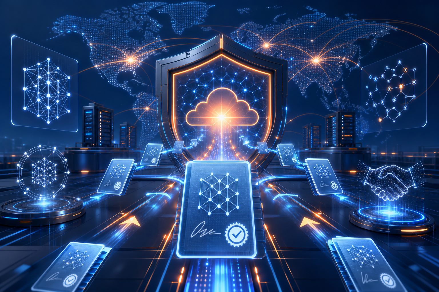 Cloudflare 后量子签名迁移科技要闻配图，展示全球网络节点、加密签名链路、量子安全盾牌与企业级安全网关场景