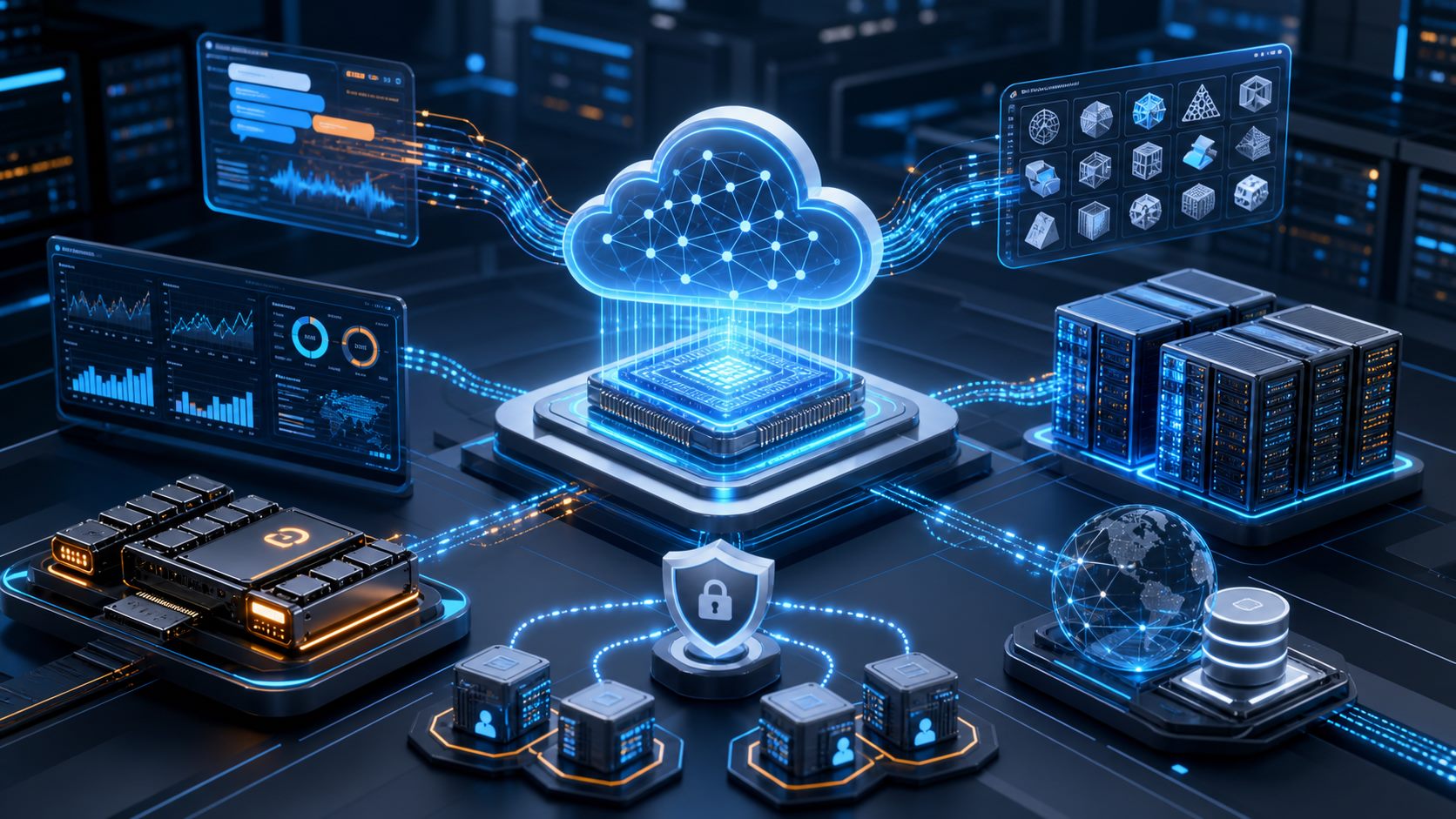 AWS 扩展 SageMaker HyperPod 推理能力的科技要闻配图，展示云端推理核心、监控面板、NVMe 存储、模型接入节点与企业网络路由场景