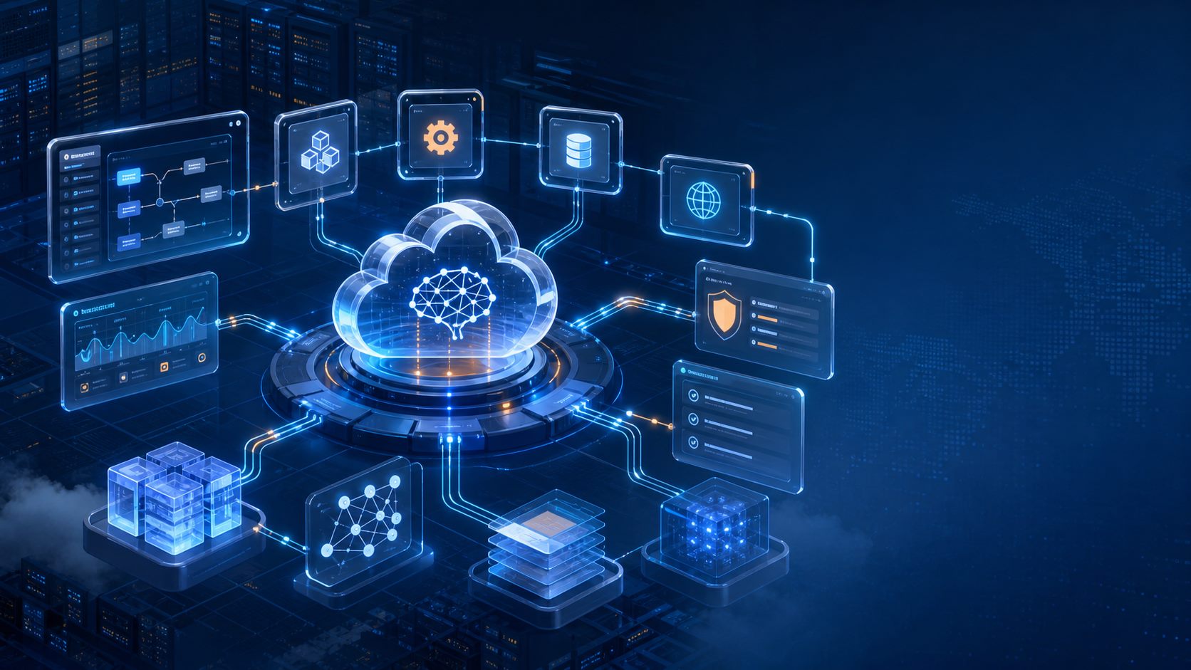 AWS 发布 MCP 工具设计实践文章的科技要闻配图，展示云端 AI 编排核心、MCP 工具节点、上下文窗口、策略面板与企业级开发控制台场景
