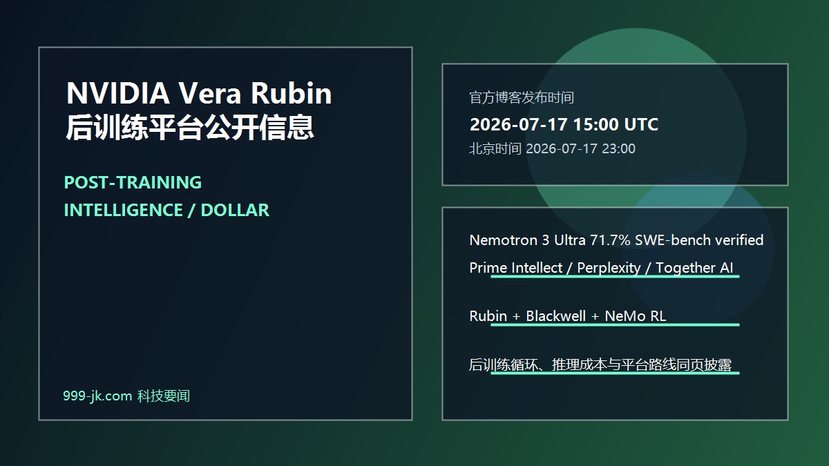 NVIDIA Vera Rubin 后训练平台科技要闻配图,展示 AI 后训练循环、Rubin 机架平台、成本与智能产出指标面板