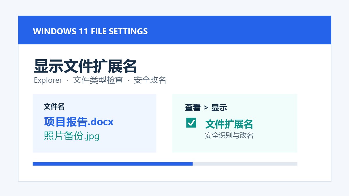 Windows 11 资源管理器显示文件扩展名的原创配图，展示文件名、扩展名和类型检查步骤