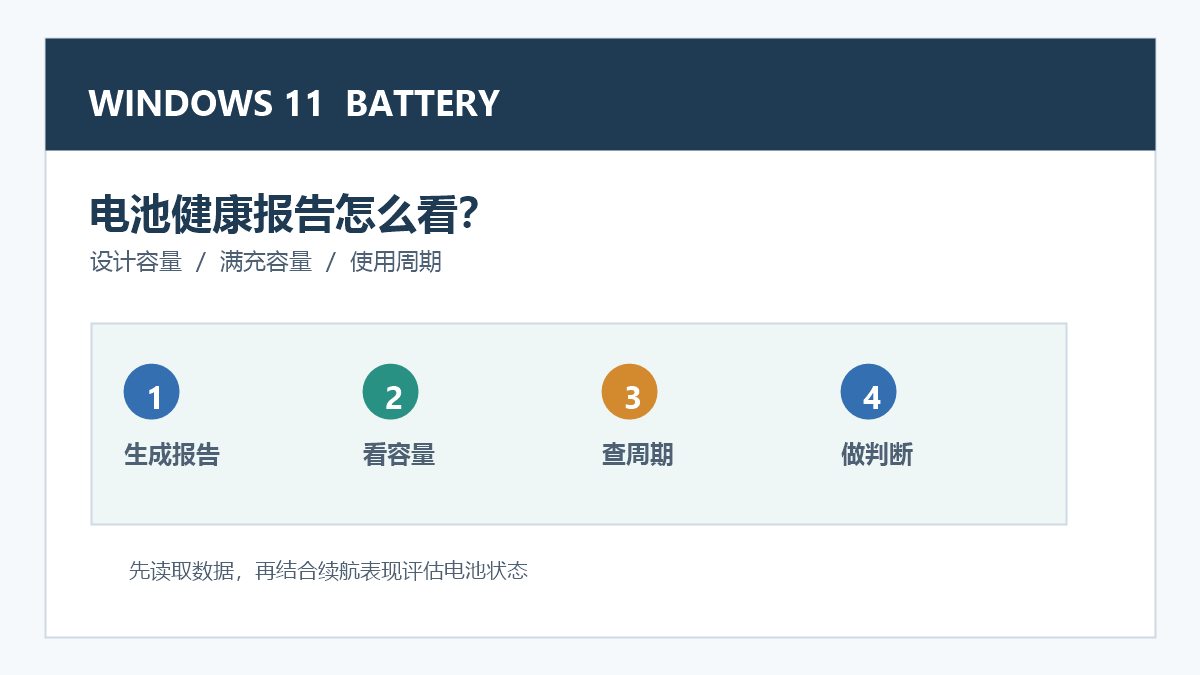 Windows 11 电池健康报告示意图,展示容量、周期和报告生成步骤