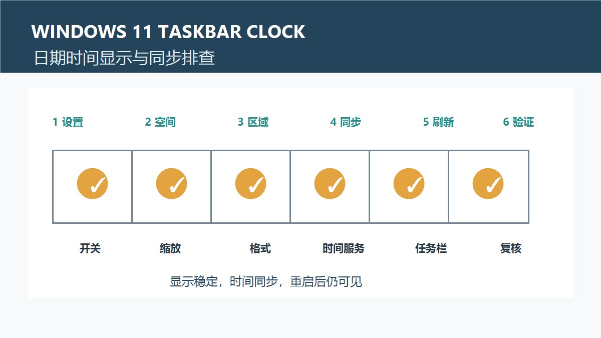 Windows 11任务栏日期时间不显示排查流程图,展示任务栏设置、区域格式、时间服务和验证步骤