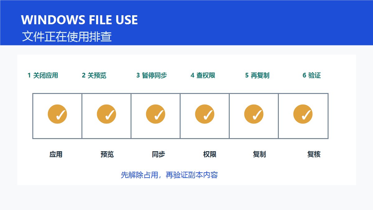 Windows 11文件正在使用排查图,展示占用进程、资源管理器、同步软件与权限验证步骤
