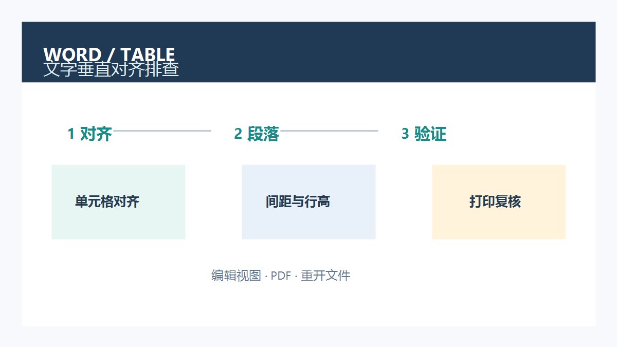 Word表格文字垂直对齐排查流程图，展示单元格对齐、段落间距、行高与打印验证