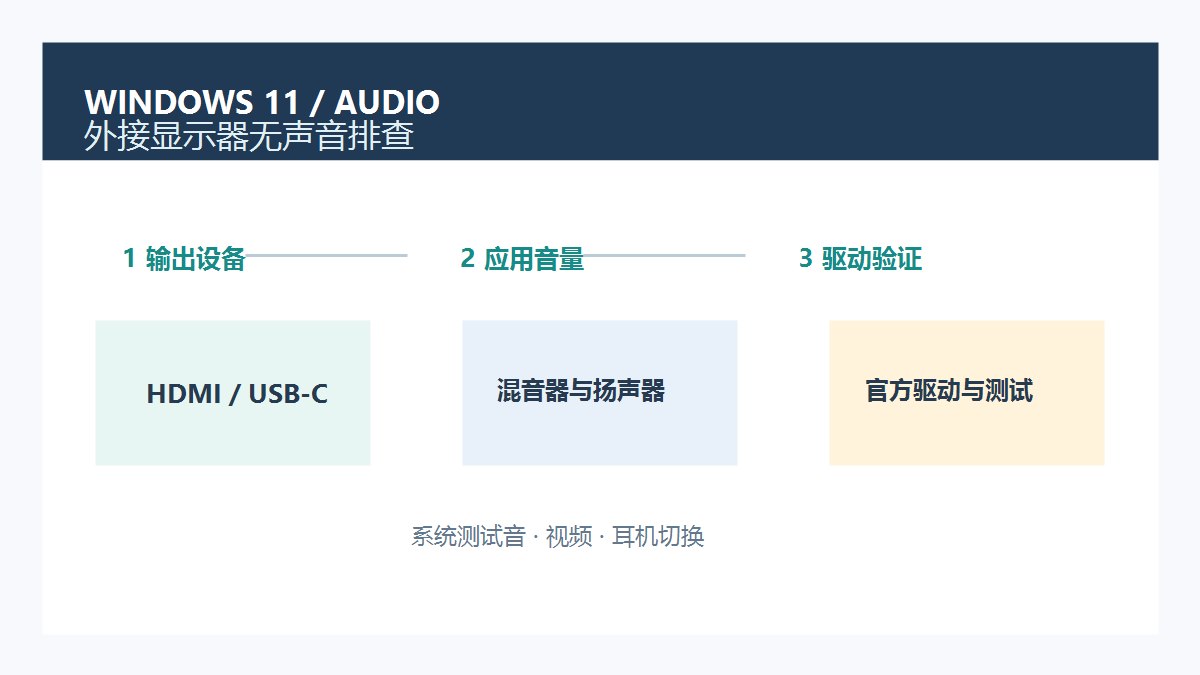 Windows 11外接显示器无声音排查流程图，展示输出设备、应用音量、连接线与驱动验证