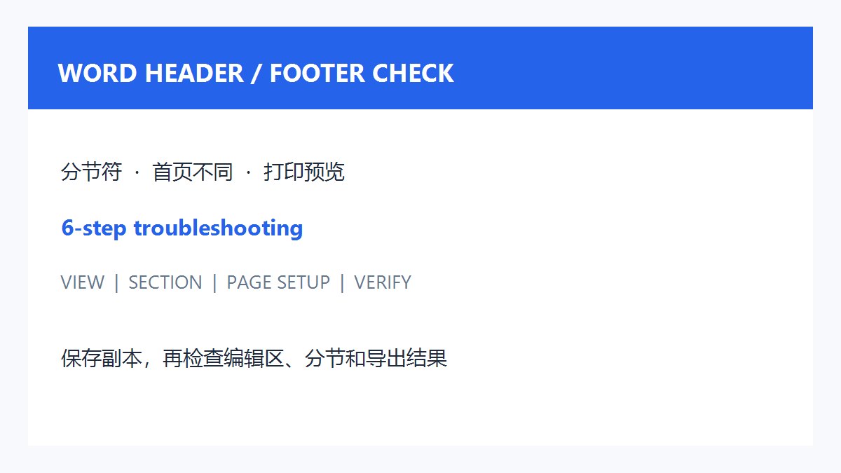 Word页眉页脚消失排查流程图，展示分节符、首页不同和打印预览检查